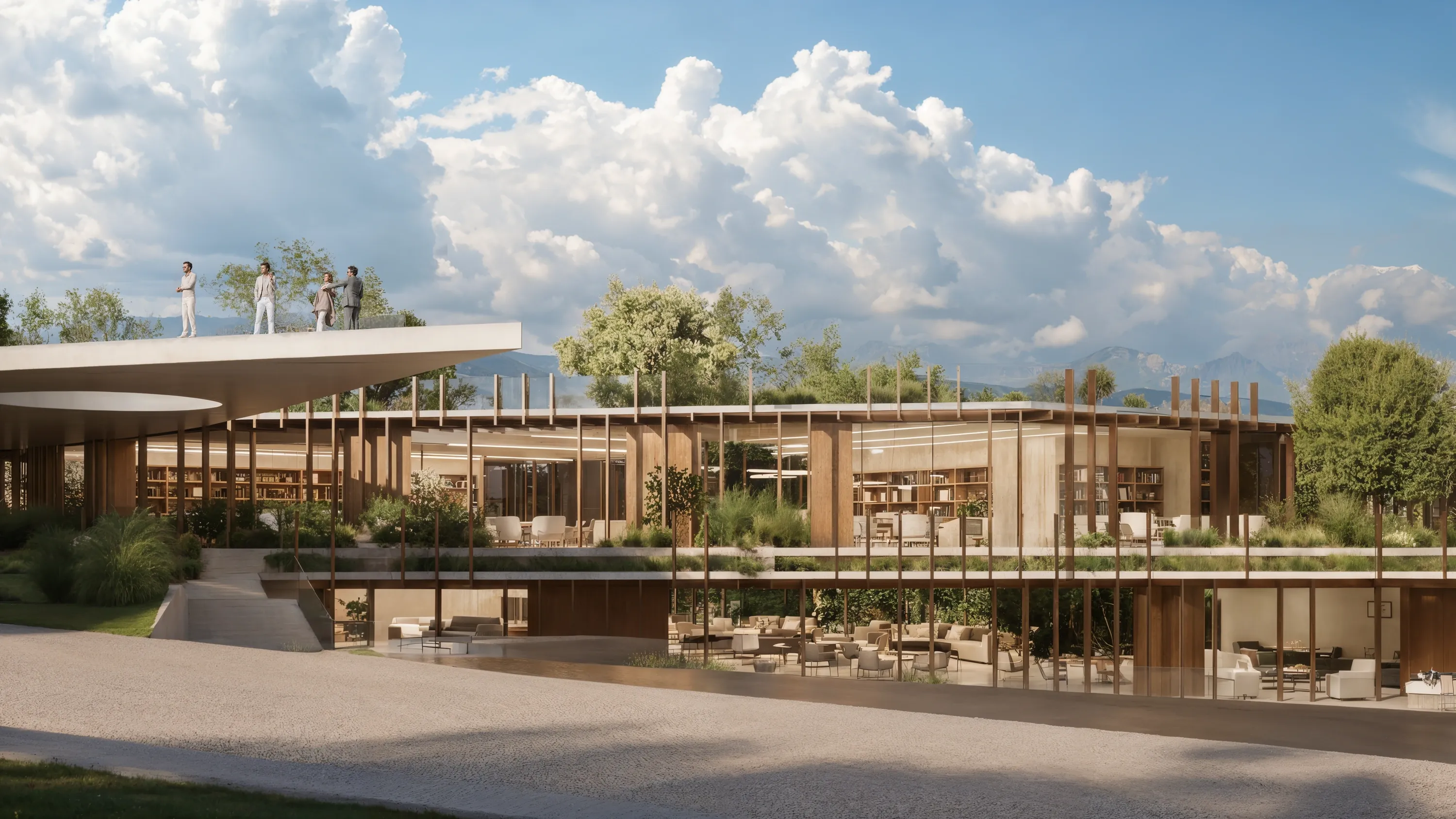 The Mira Verde clubhouse pavilion, with a shaded dining terrace and a rooftop deck