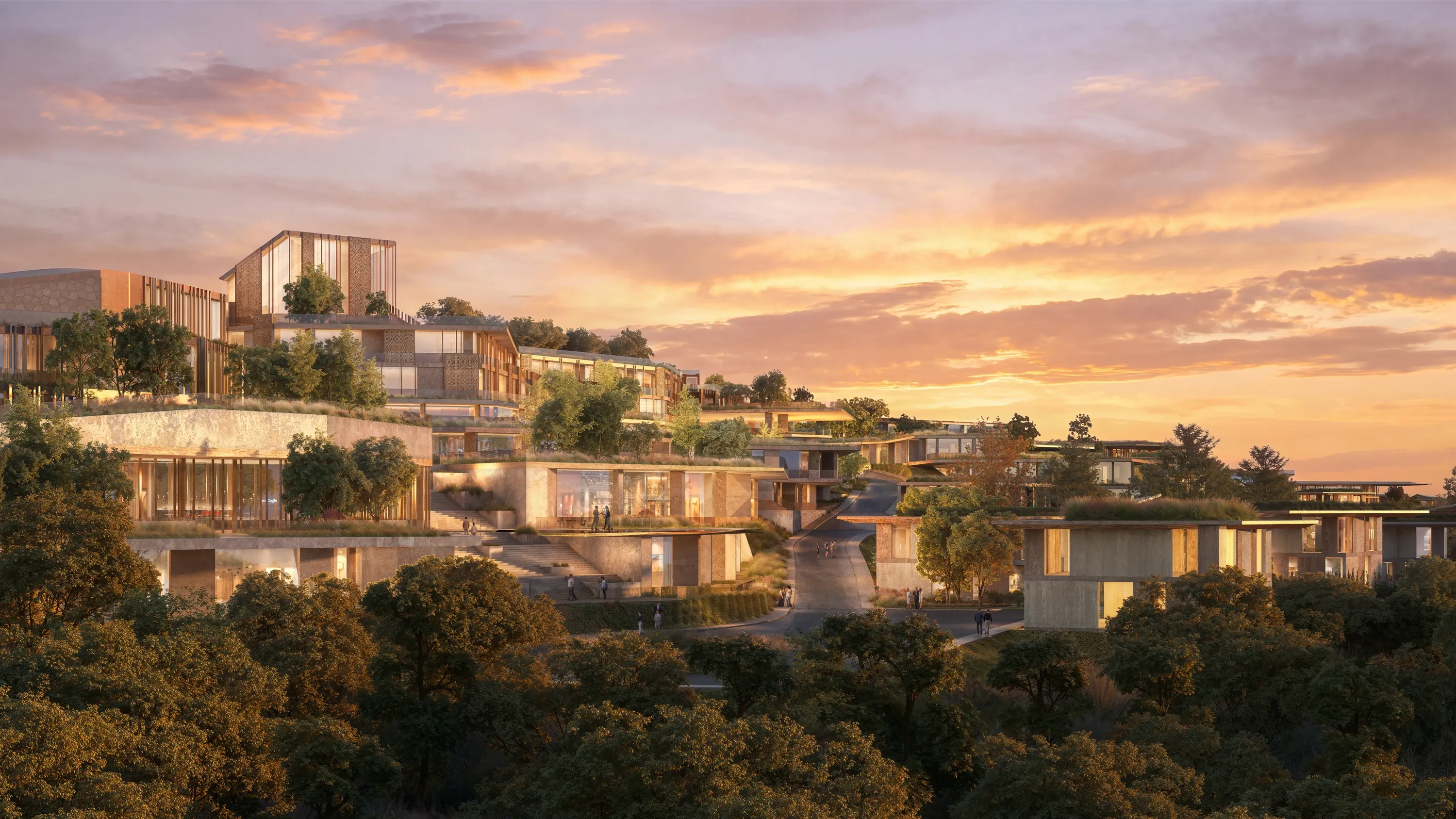 Mira Verde residences with planted roofs, stepping down the hillside at sunset