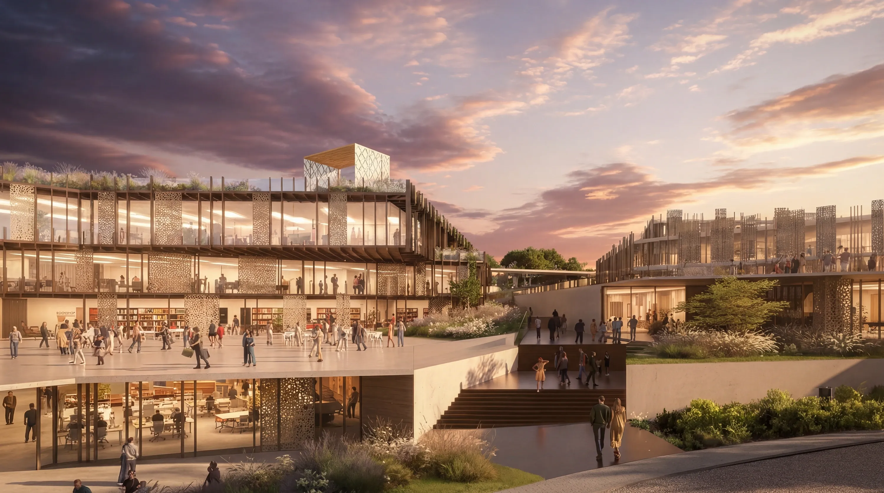 The Mira Verde retail and business plaza, with cafés, terraces and open stairs