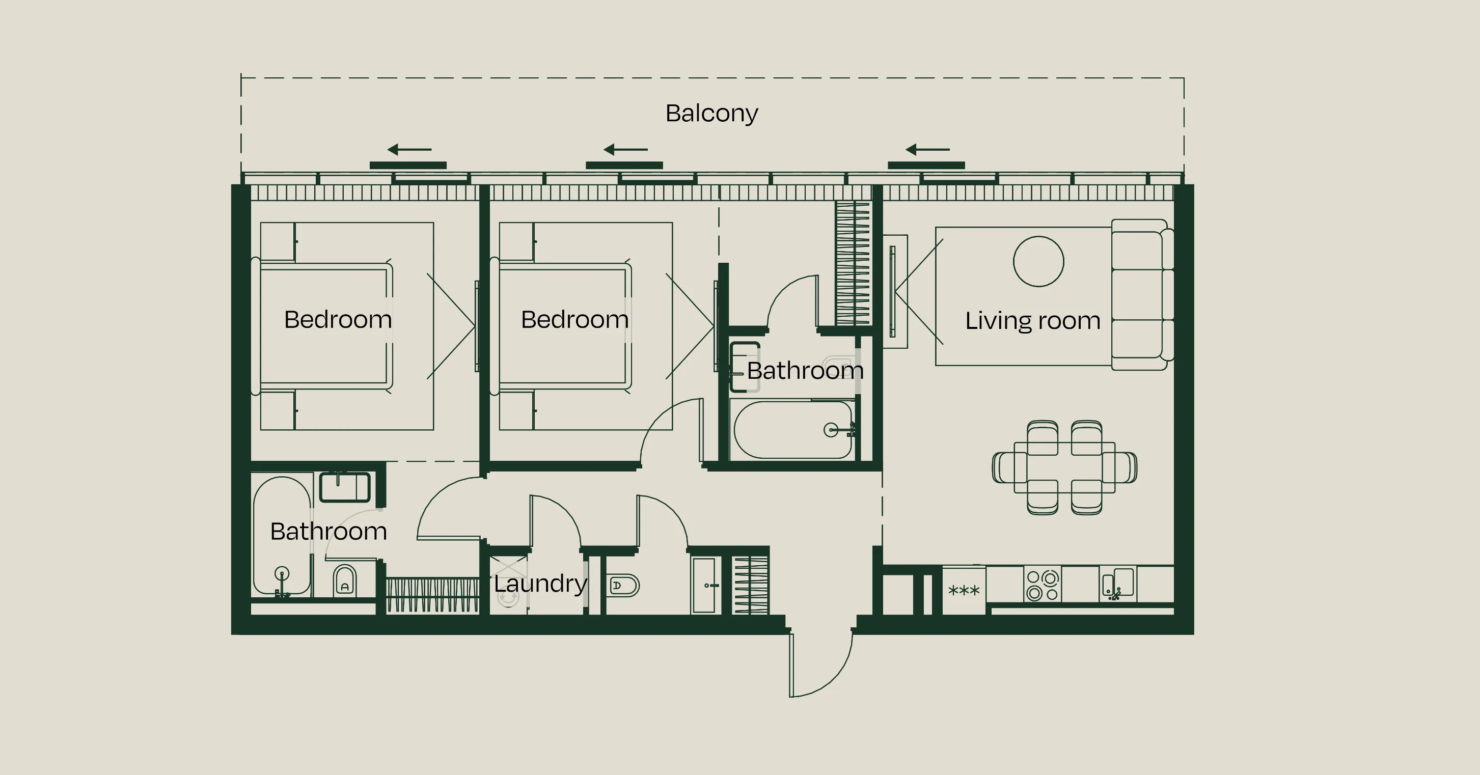 Two-bedroom floor plan: two bedrooms, two bathrooms, a living room with dining area and open kitchen, a laundry room, and a balcony along the full width of the apartment.