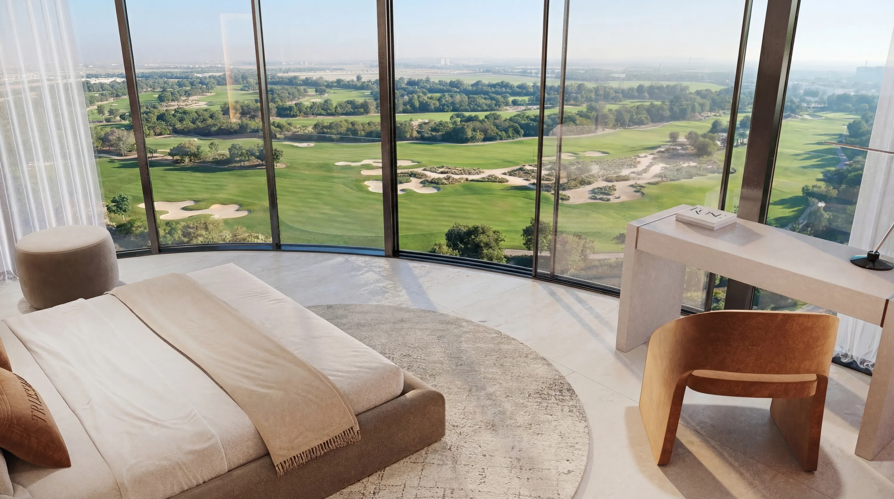 A Trussardi Residences bedroom with floor-to-ceiling glazing overlooking the golf course