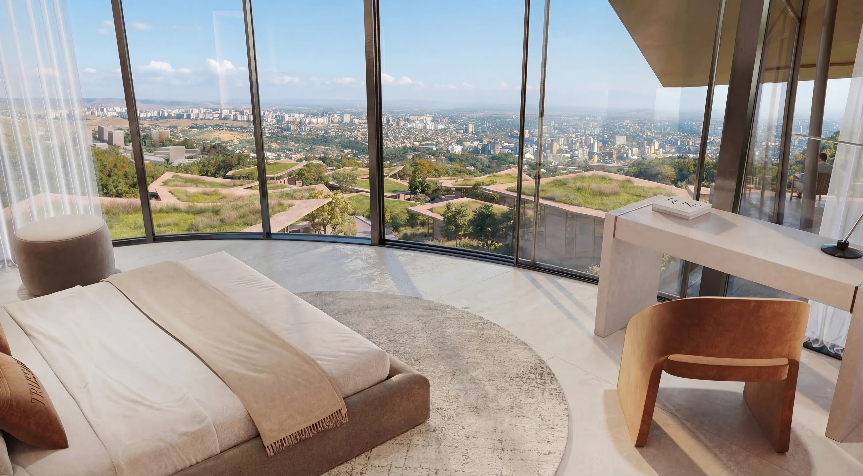 A Trussardi Residences bedroom with floor-to-ceiling glazing overlooking Tbilisi