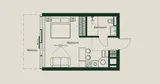 Trussardi Residences studio floor plan: an open bedroom and living space with a kitchenette, a separate bathroom, and a full-width balcony